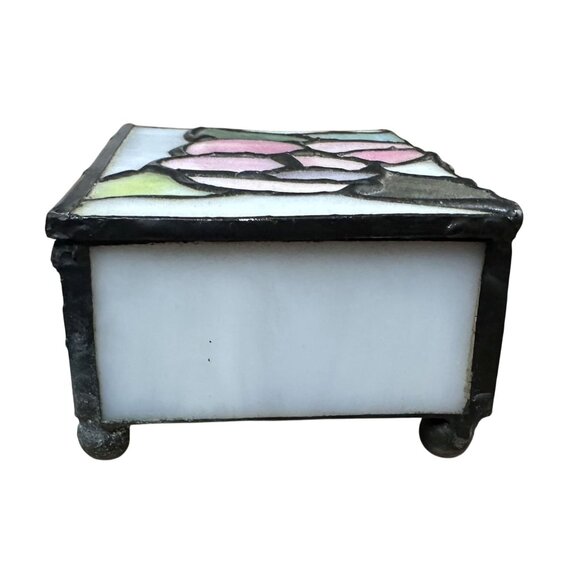 Vintage Small Floral Slag Glass Footed Trinket Box 1.75" Tall 1980s - Picture 4 of 7